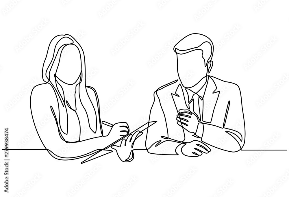 Continuous line drawing of businessmen and businesswomen discuss their strategies with laptops in the office. Talk and discuss something. Business meeting in office isolated on white background. Continuous line drawing of businessmen and businesswomen discuss their strategies with laptops in the office. Talk and discuss something. Business meeting in office isolated on white background.