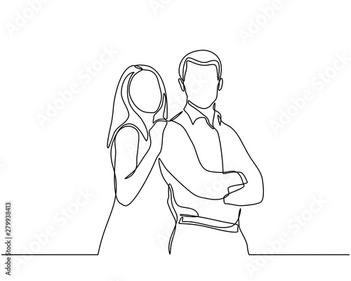 Continuous line drawing of Cheerful young couple standing. Young couple in love have fun isolated on white background.