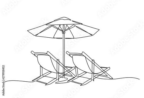 Continuous line drawing of beach umbrella and chairs. summer vacation concept. Coast of the sea, umbrella, chaise longue. Summer background illustration for beach holiday isolated on white background.