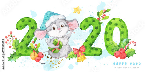 Horizontal 2020 New Year and Christmas banner with green polka dot numbers and a cute hand painted cartoon mouse  rat with berries  branches  mistletoe  bells on white and blue background