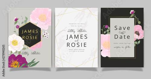 Marble Summer Flower Wedding Invitation set, floral invite thank you, rsvp modern card Design in Pink peony and white  floral with leaf greenery  branches decorative Vector elegant rustic template