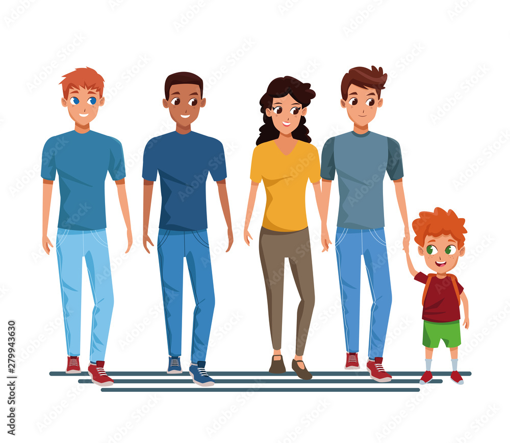 Fototapeta premium Family young parents with children cartoon