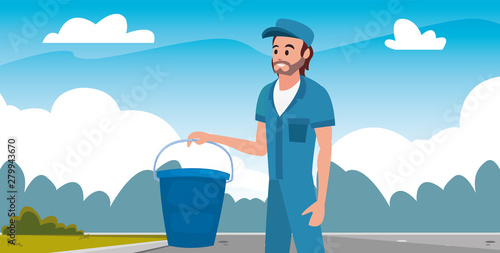 worker cleaning man bucket vector ilustration