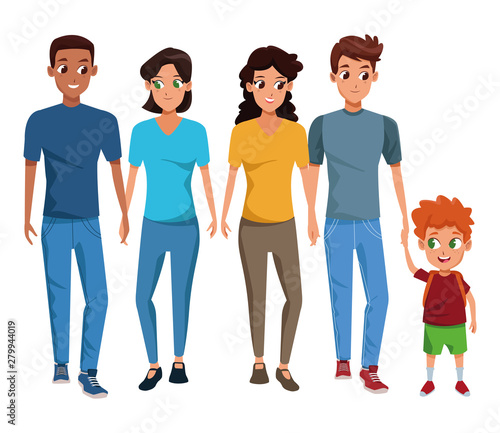 Family young parents with children cartoon