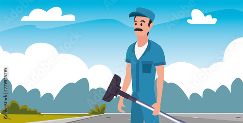 worker cleaning man vacuum machine