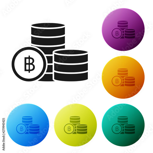 Black Cryptocurrency coin Bitcoin icon isolated on white background. Blockchain technology, bitcoin, digital money market, cryptocoin wallet. Set icons colorful circle buttons. Vector Illustration