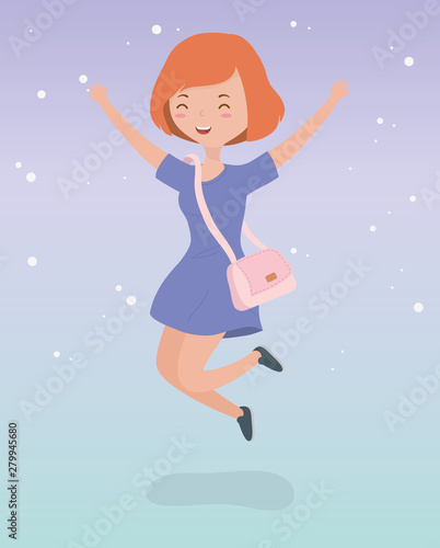 happy young woman celebrating jumping character