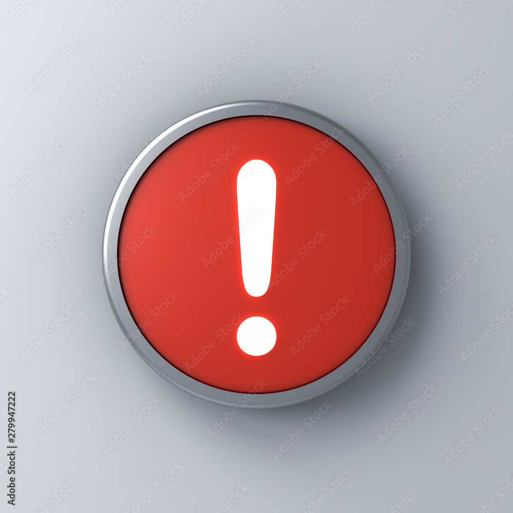 Neon light exclamation mark icon in red round sign button isolated on white wall background with shadow 3D rendering Neon light exclamation mark icon in red round sign button isolated on white wall background with shadow 3D rendering
