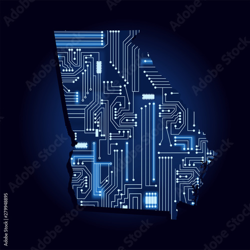 Contour map of Georgia with a technological electronics circuit. USA state. Blue background.