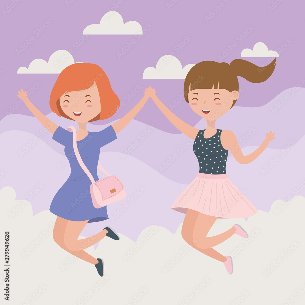 happy young women celebrating jumping in sky happy young women celebrating jumping in sky