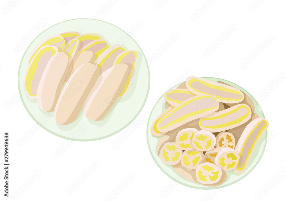 Boiled banana on a plate on white background illustration vector Boiled banana on a plate on white background illustration vector