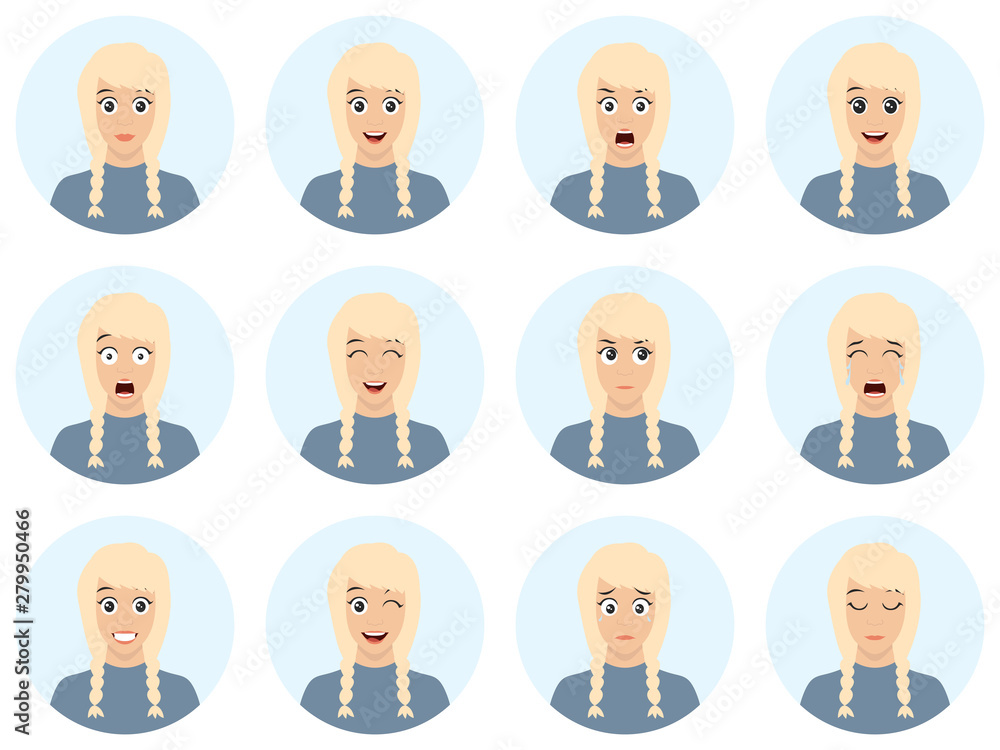 Attractive blond woman with different facial expressions. Vector cartoon avatar icon set on white background - flat design illustration. Cartoon character. Attractive blond woman with different facial expressions. Vector cartoon avatar icon set on white background - flat design illustration. Cartoon character.