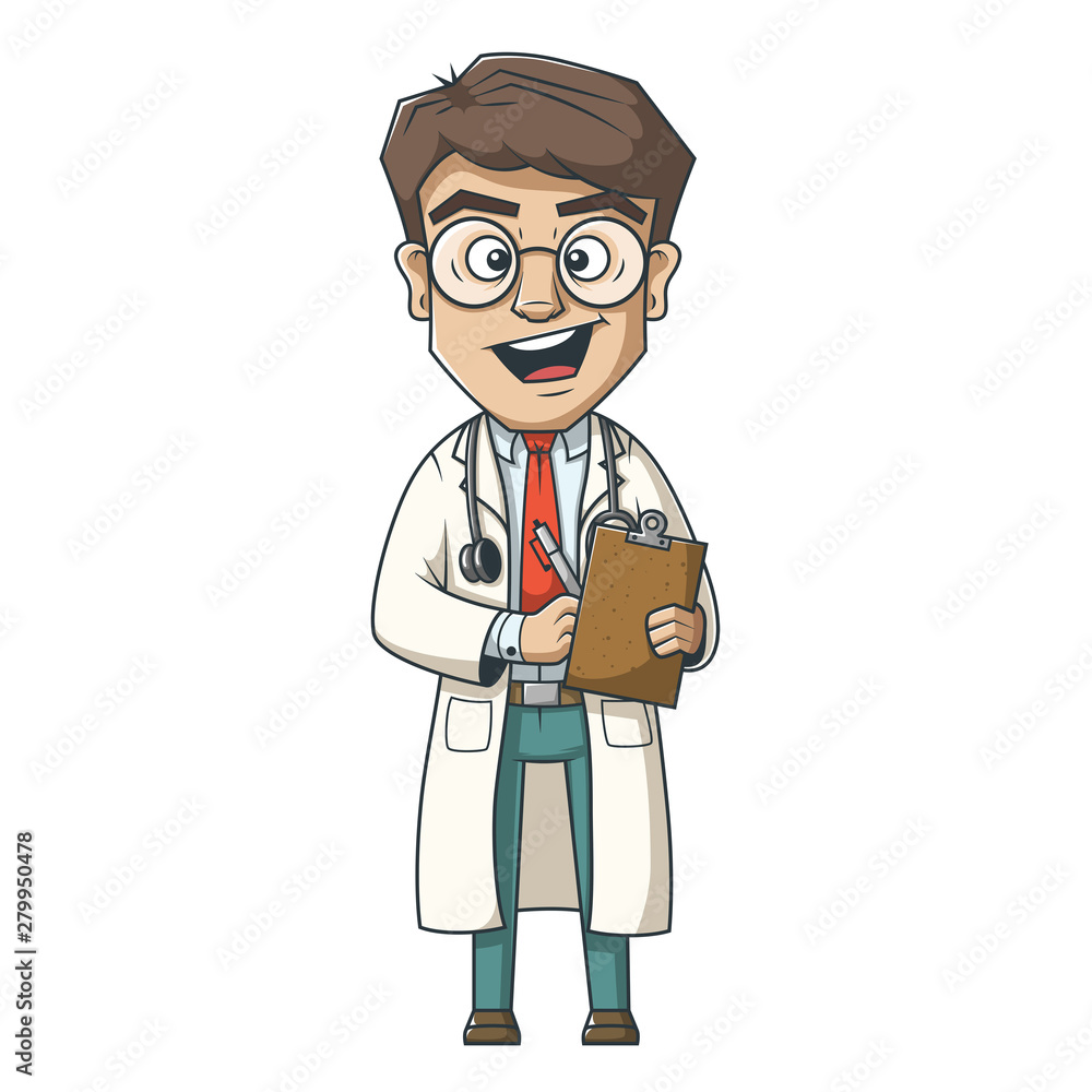 Fototapeta premium Young cartoon doctor. Hand drawn vector illustration.