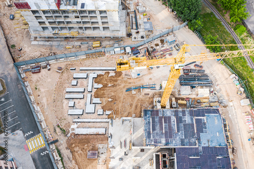 aerial top view of construction site. industrial machinery building new apartment buildings © Mr Twister