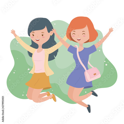 happy young women celebrating jumping characters