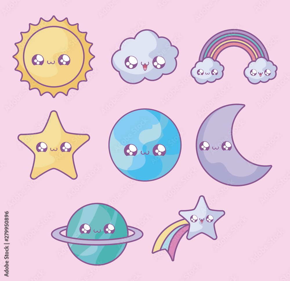 set of cute stars with icons kawaii style set of cute stars with icons kawaii style