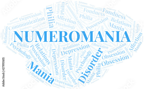 Numeromania word cloud. Type of mania, made with text only.