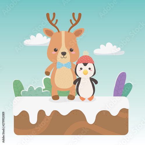 cute and little penguin and reindeer in the field