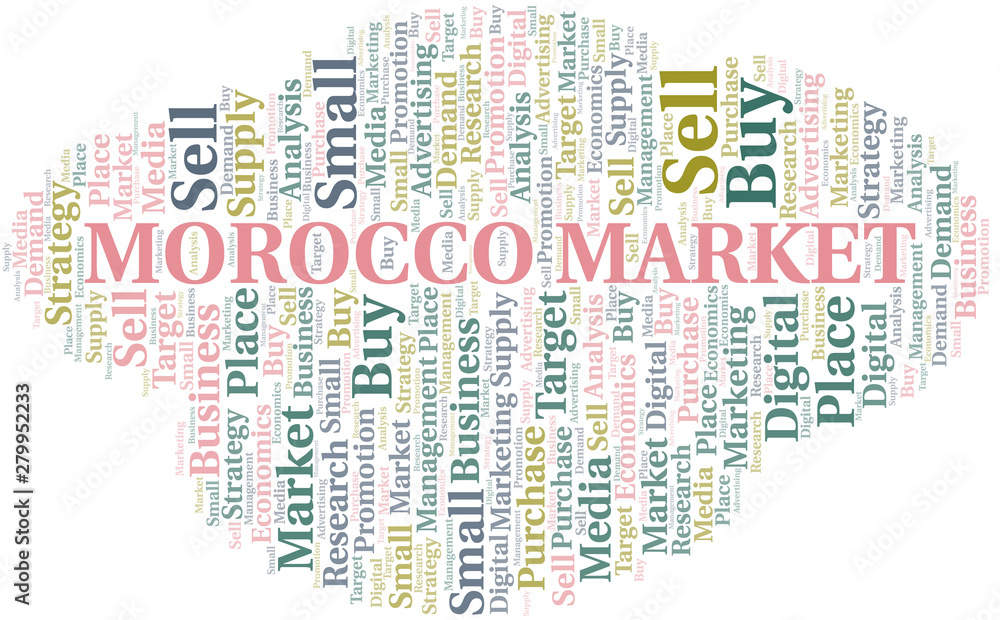 Morocco Market word cloud. Vector made with text only.
