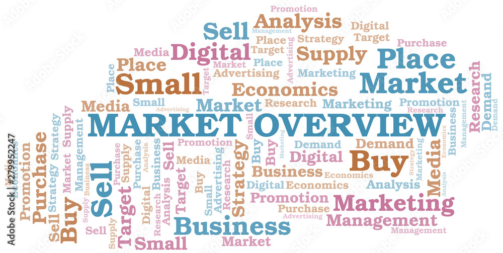 Market Overview word cloud. Vector made with text only.