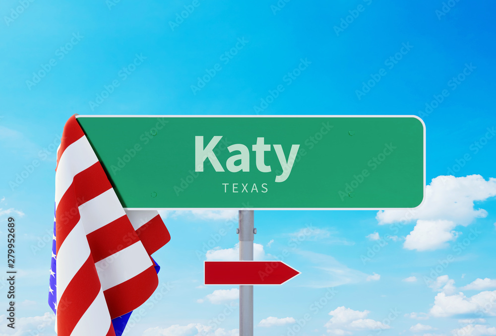 Katy – Texas. Road or Town Sign. Flag of the united states. Blue Sky. Red arrow shows the direction in the city. 3d rendering - obrazy, fototapety, plakaty 