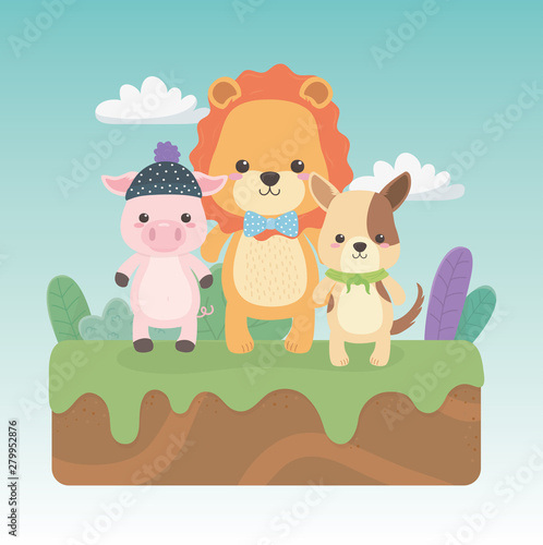 cute and little animals in the field characters