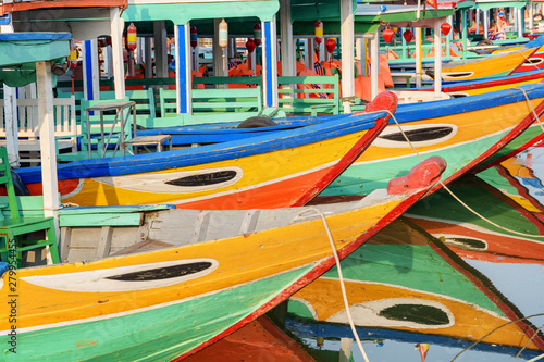 Closeup view of colorful traditional Vietnamese tourist boats