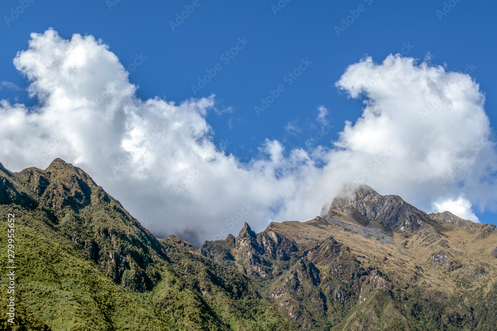 Landscape with green deep valley, Apurimac River canyon, Peruvian Andes mountains on Choquequirao trek in Peru