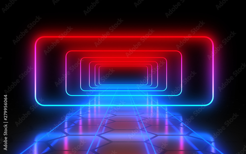 3D abstract tunnel with neon lights. 3d illustration 3D abstract tunnel with neon lights. 3d illustration