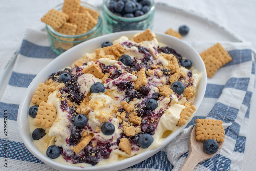 home made vanilla cheesecake ice cream with blueberries and cookies on a old table home made vanilla cheesecake ice cream with blueberries and cookies on a old table