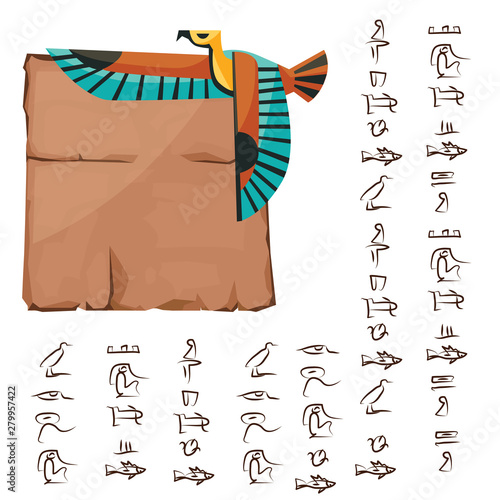Ancient Egypt papyrus part with flying bird cartoon vector illustration. Ancient paper with hieroglyphs for storing information, Egyptian culture religious symbols, isolated on white background