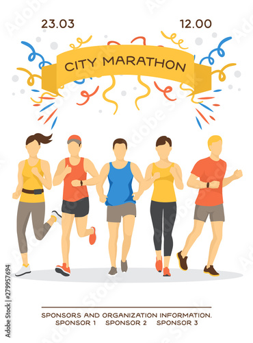 Maraphon running people vector illustration. Sport running group concept. People athlete maraphon runner race, various people running and jogging in city.