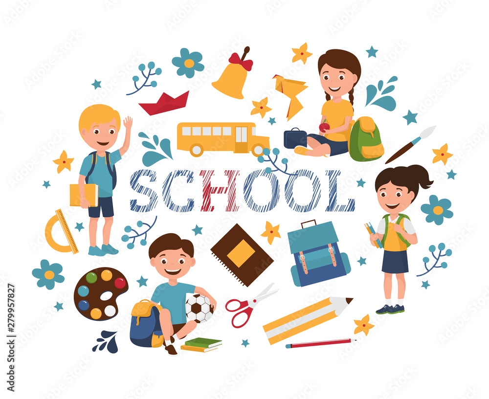 Back to school pupils vector illustration isolated on white. Boys and girls on the first day of school. Children with student bags and books. Cartoon character. Happy smiling pupils kids. Back to school pupils vector illustration isolated on white. Boys and girls on the first day of school. Children with student bags and books. Cartoon character. Happy smiling pupils kids.