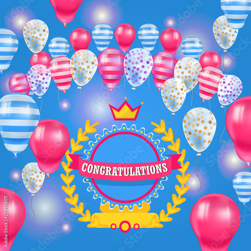 Happy Birthday baloons celebration poster vector illustration. Realistic 3d p...