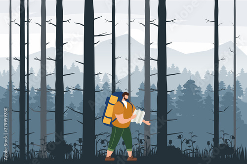 Tourist man with map and backpack performing outdoor touristic activity