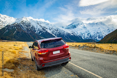 Panoramic mountain views With red cars that mount cook, New zealand