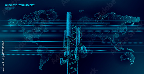 3d base station receiver. telecommunication tower 4g polygonal design global connection information transmitter. Mobile radio antenna cellular vector illustration