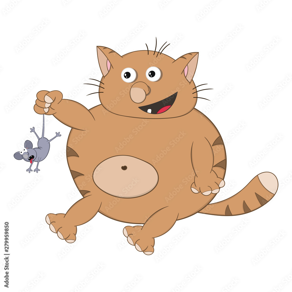 Fototapeta premium Funny cartoon red cat sits, smiles and holds in his paw a mouse.