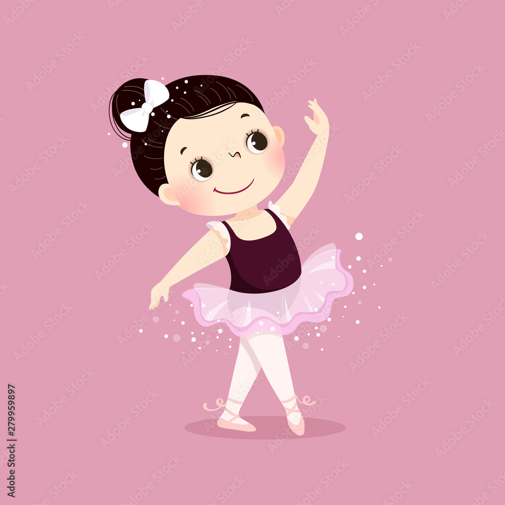 Vector illustration of little ballerina girl dancing on pink background. Kid in ballet class.