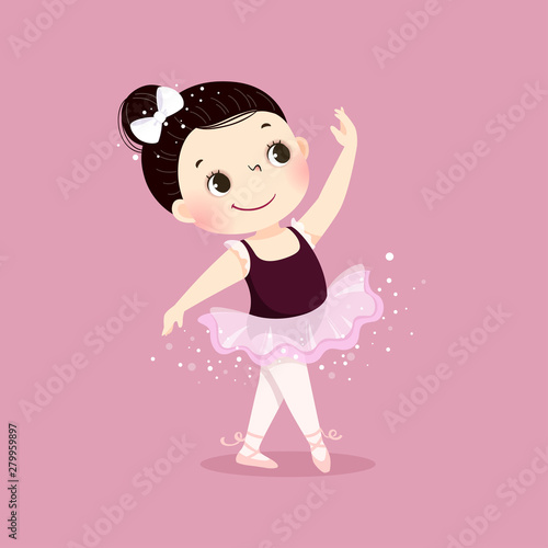 Vector illustration of little ballerina girl dancing on pink background. Kid in ballet class.