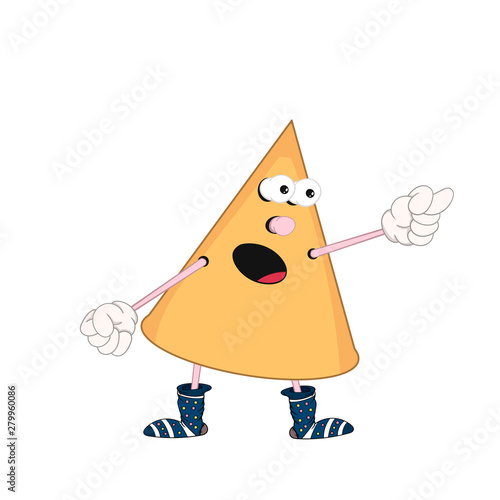 Funny cartoon yellow cone with eyes, arms and legs in multi-colored socks, swears and shows an indecent gesture.