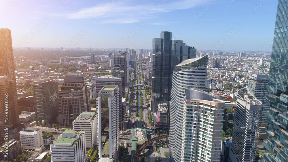Aerial city view of Bangkok downtown, Flying over Bangkok, Thailand.