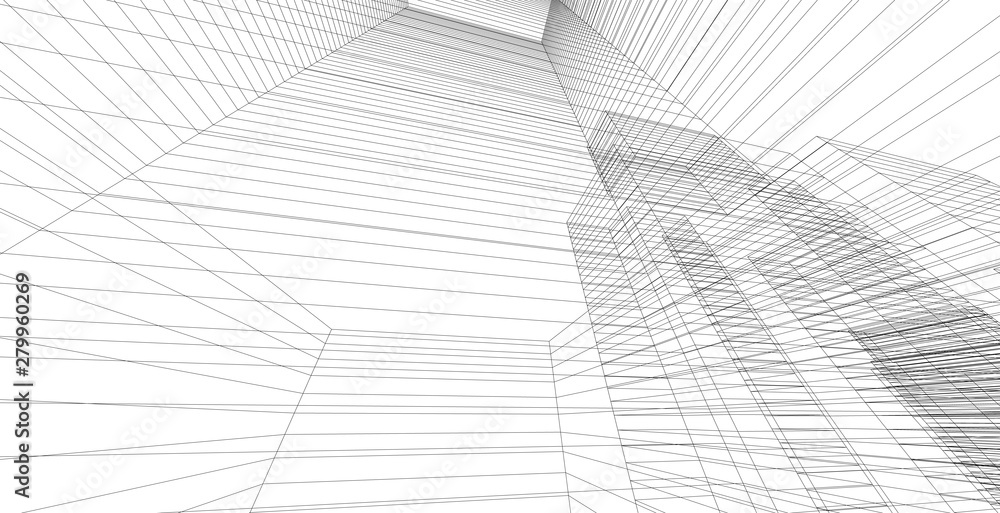 3D illustration architecture building perspective lines.