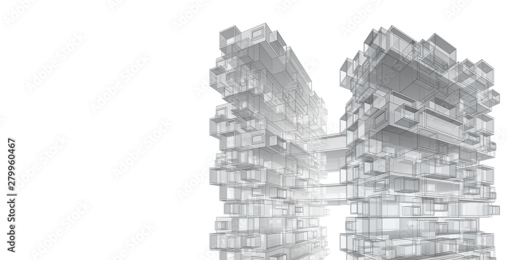 3D illustration architecture building perspective lines. 3D illustration architecture building perspective lines.
