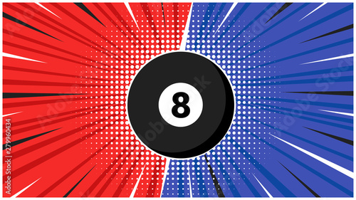 Versus screen flat style design vector illustration. Fight screen for battle or gaming black pool ball eight 8. Red versus blue. Fight!