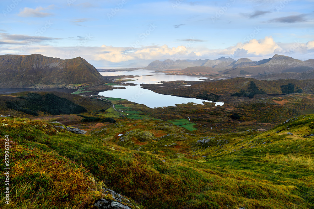 View from above over the landscape on Lofoten Islands