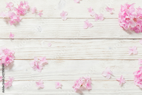 pink hydrangea on white wooden background
