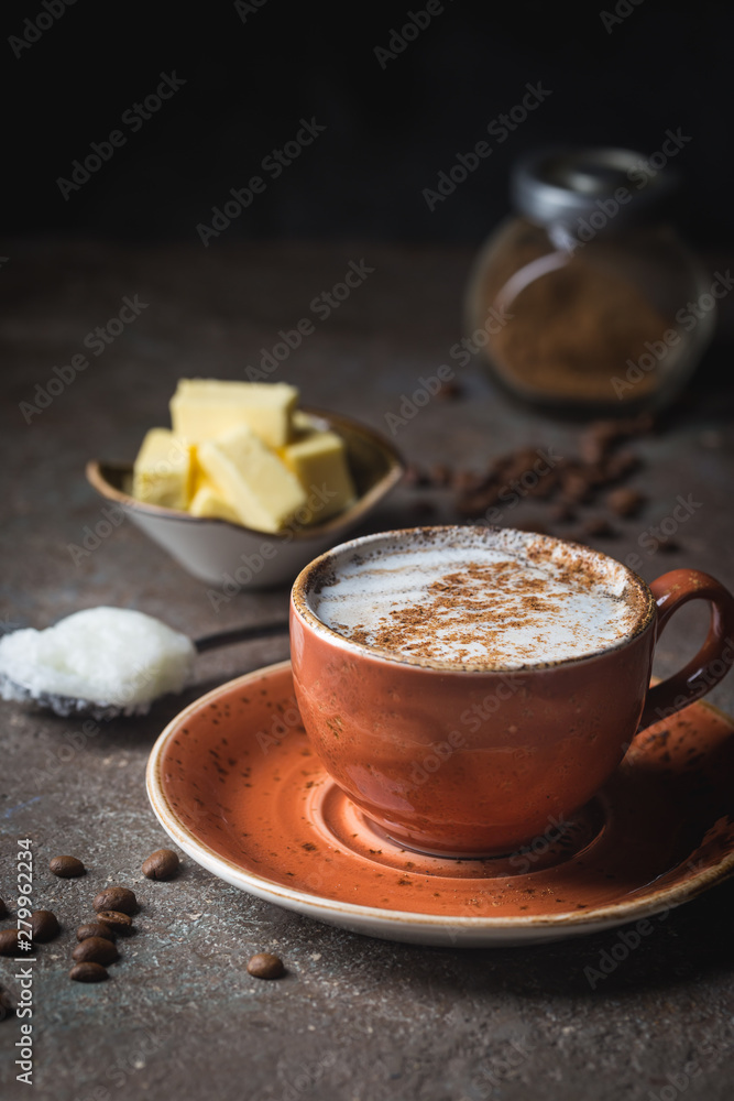 Bulletproof coffee, blended with organic butter and MCT coconut oil, paleo, keto, ketogenic drink breakfast. Bulletproof coffee, blended with organic butter and MCT coconut oil, paleo, keto, ketogenic drink breakfast.