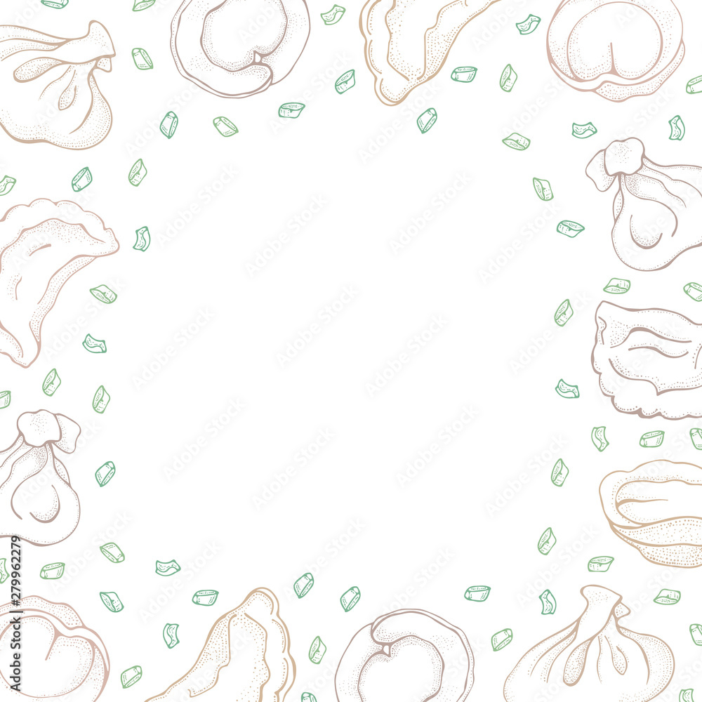 Vector background of dumplings with spice. Sketch hand drawn Ravioli. Vareniki. Pelmeni. Meat dumplings. Food. Cooking. National dishes. Products from the dough and meat. For restaurant menu, cards Vector background of dumplings with spice. Sketch hand drawn Ravioli. Vareniki. Pelmeni. Meat dumplings. Food. Cooking. National dishes. Products from the dough and meat. For restaurant menu, cards