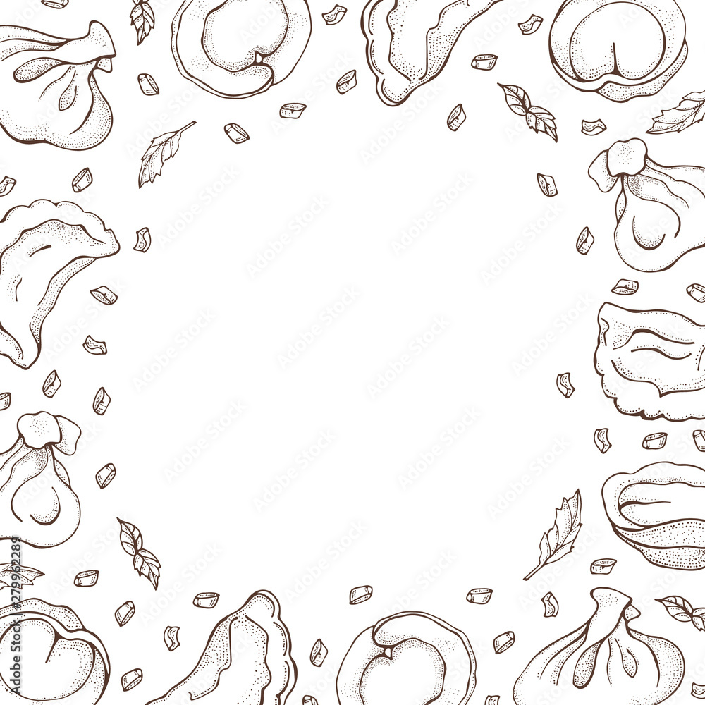 Vector background of dumplings with spice. Sketch hand drawn Ravioli. Vareniki. Pelmeni. Meat dumplings. Food. Cooking. National dishes. Products from the dough and meat. For restaurant menu, cards